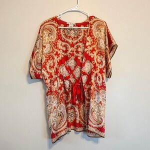 CAbi 100% Silk Red and Cream Paisley wrap tie Kimono
